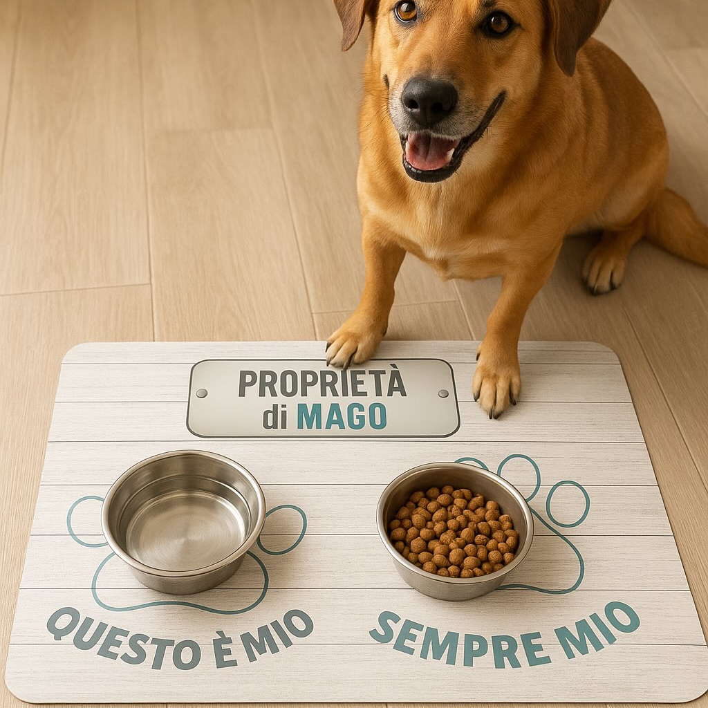 Tappetino sottociotole antiscivolo con scritta Questo è mio e grafica zampa per cani - accessorio artigianale Ramapiki

