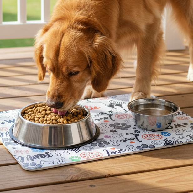 Tappetino sottociotole Woof con ciotole per cani - Ramapiki
