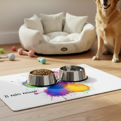 Tappeto per ciotole antiscivolo con zampe colorate multicolor per cani e gatti - accessorio artigianale Ramapiki
