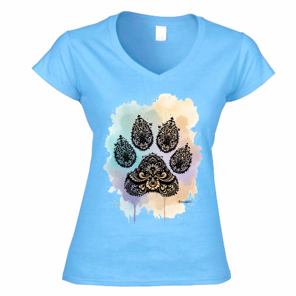 T-shirt zampa mandala azzurra - donna scollo V con stampa decorativa - maglietta casual pet lover
