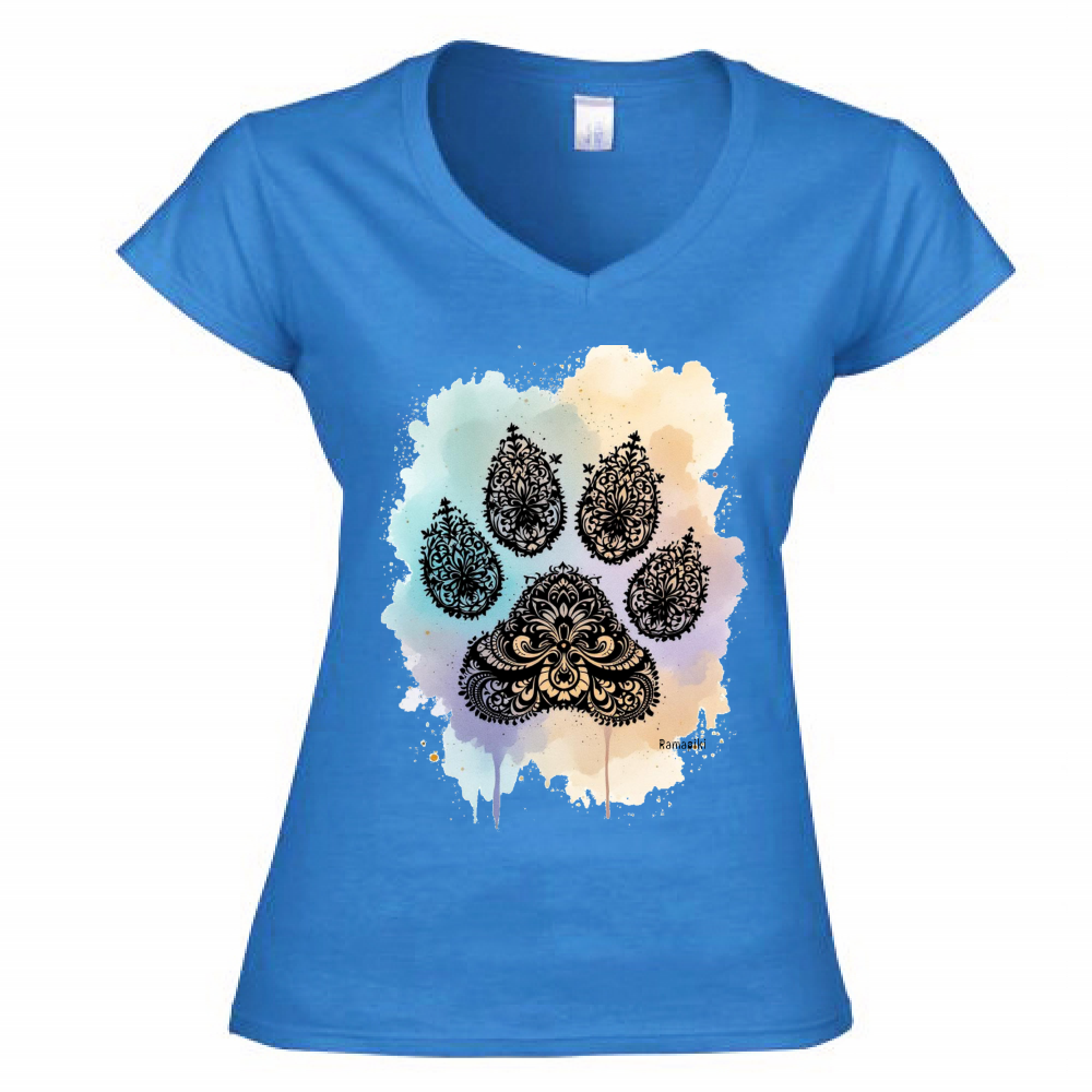 T-shirt zampa mandala navy blu - donna scollo V con stampa ornamentale - maglietta elegante per amanti degli animali
