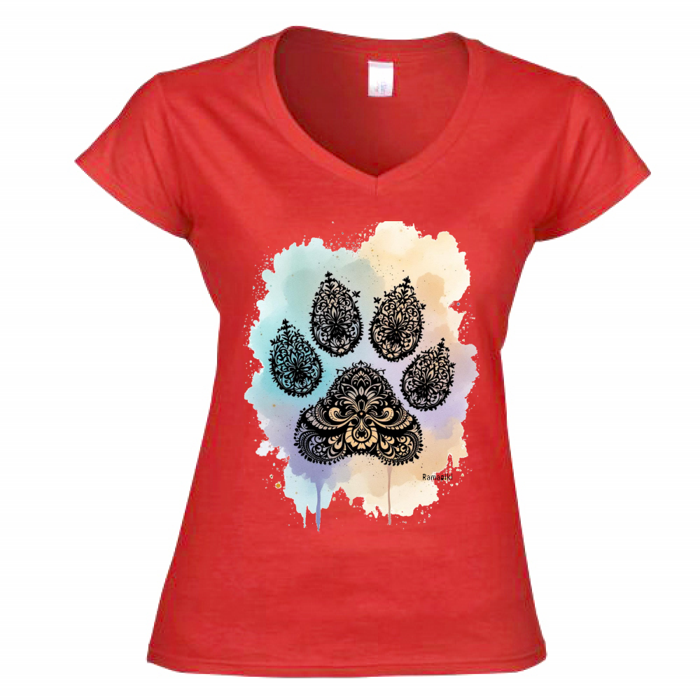 T-shirt zampa mandala bordeaux - donna scollo V con stampa decorativa - maglietta artigianale pet lover
