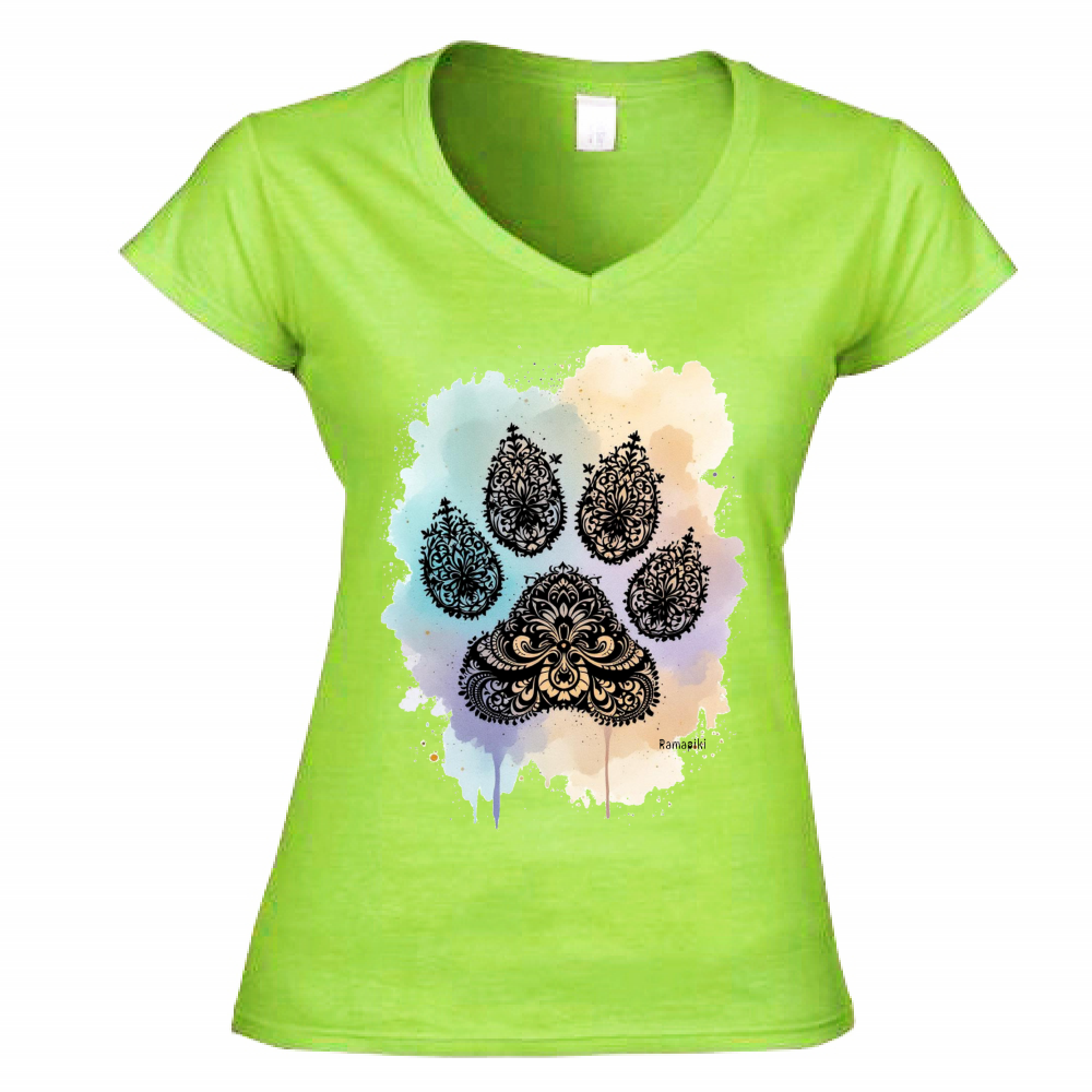 T-shirt zampa mandala verde kiwi - donna scollo V con stampa decorativa - maglietta casual pet lover
