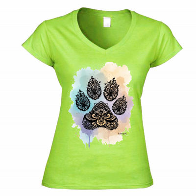 T-shirt zampa mandala verde kiwi - donna scollo V con stampa decorativa - maglietta casual pet lover
