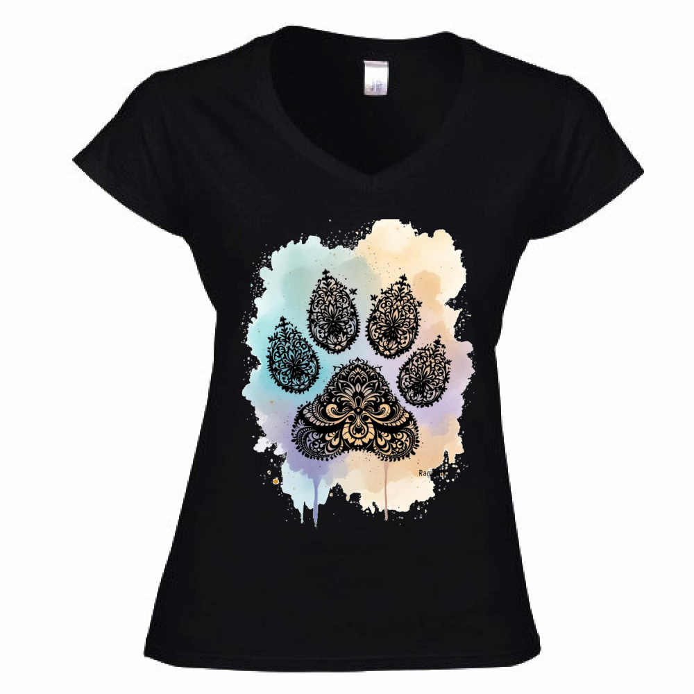 T-shirt zampa mandala nera - donna scollo V con grafica ornamentale - maglietta per amanti degli animali
