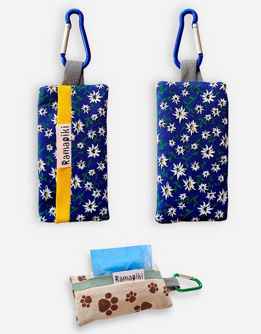 Porta sacchetti per bisogni, leggero e pratico, in stoffa - stella alpina blu